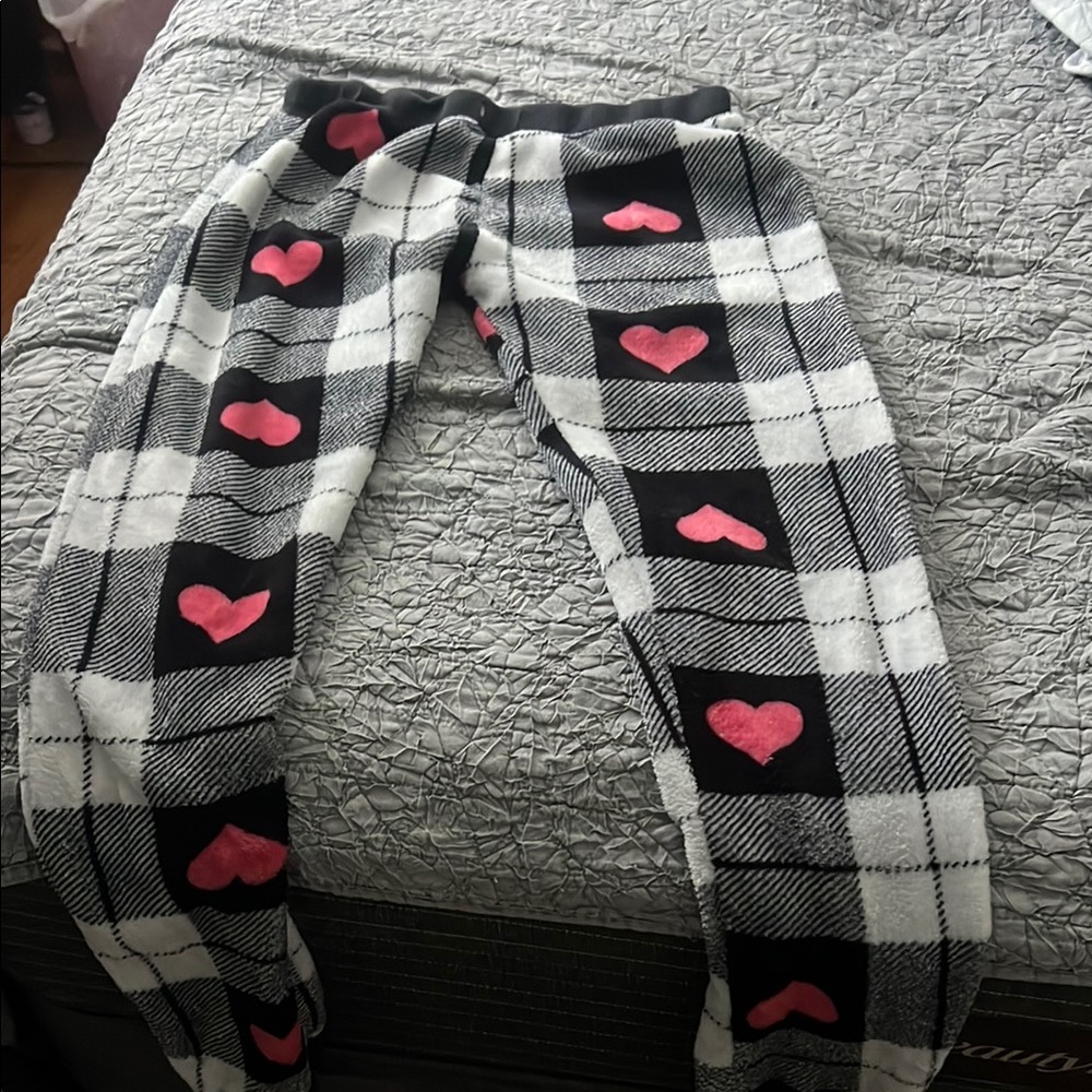 Plaid Pajama Pants with Pink Hearts